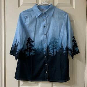 🌷3 for$25🌷Unbranded, US M, Blue & Black Tree Print Button Down 3/4 Sleeve Shirt